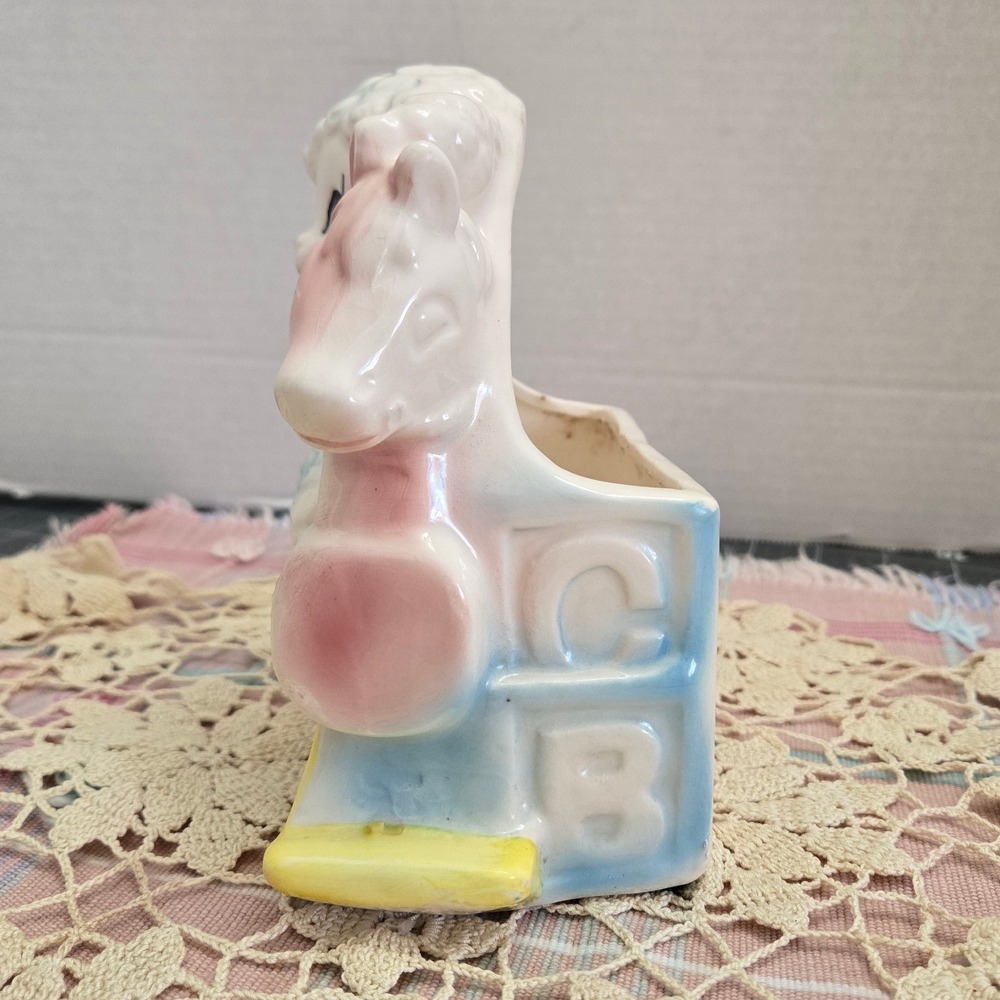 Vintage Lamb Rocking Horse Planter Nursery ABC Blocks Pink Blue - Picture 6 of 9